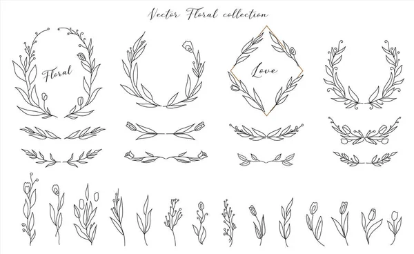 Set of cute Hand drawn floral decorative design elements. frames wreath dividers flowers, branches. vector illustration — Stock Vector