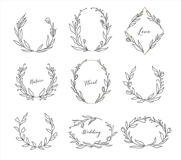 Set van met de hand getekende bloemen frames en kransen. vectorillustratie geïsoleerd op witte achtergrond — Stockvector