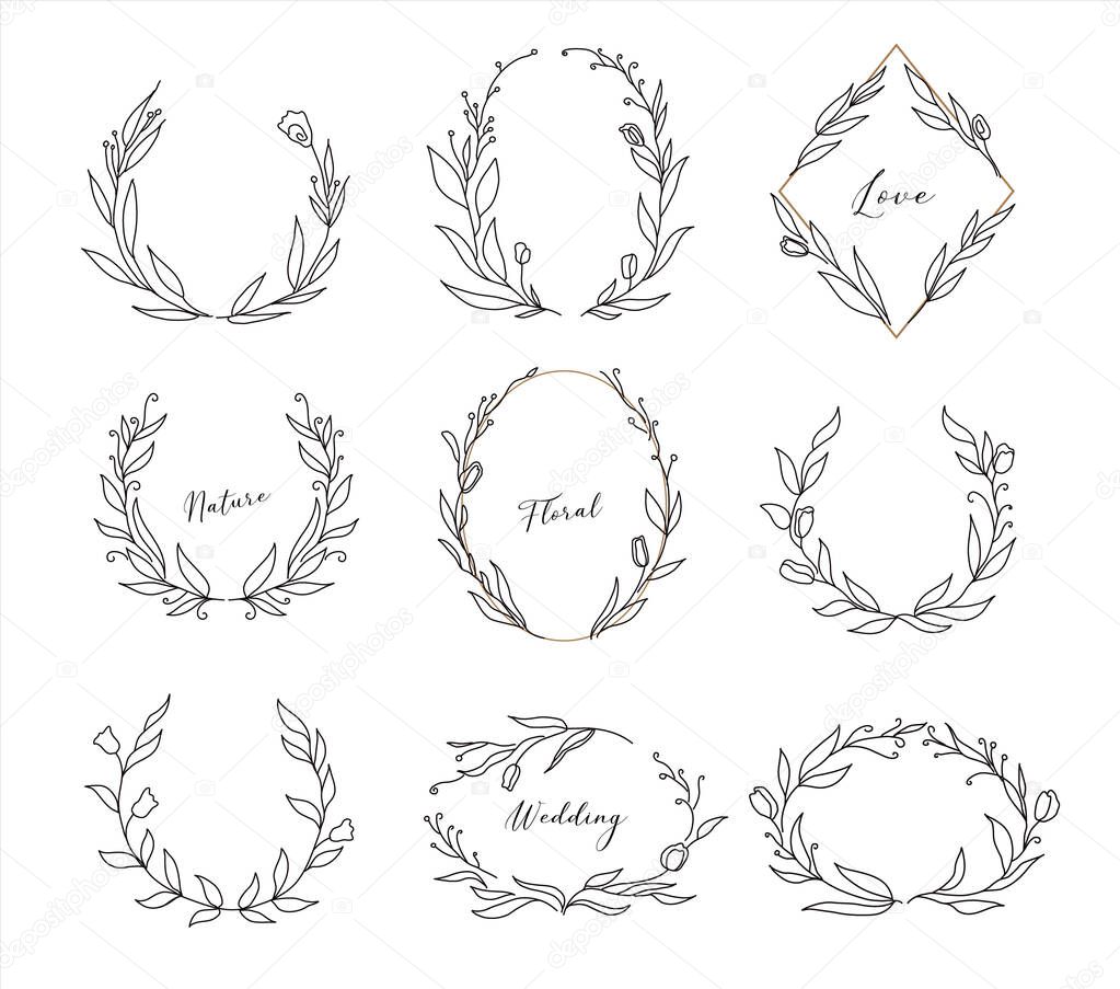Set of hand drawn floral frames and wreaths. vector illustration isolated on white background