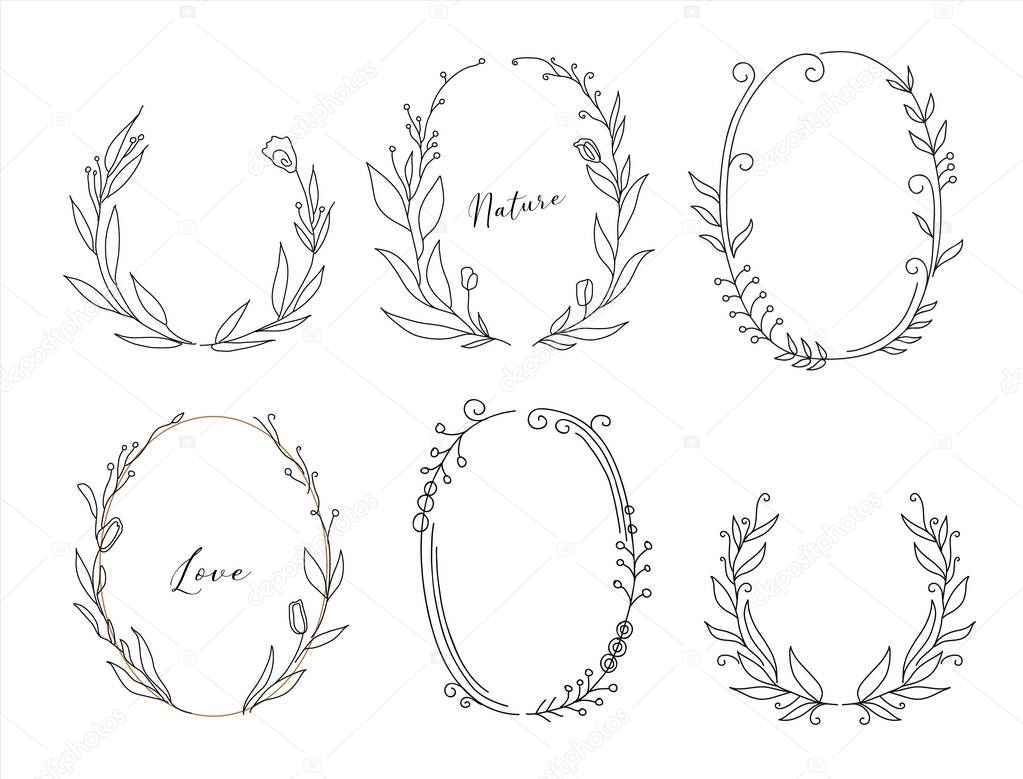 Set of hand drawn floral frames and wreaths. vector illustration isolated on white background