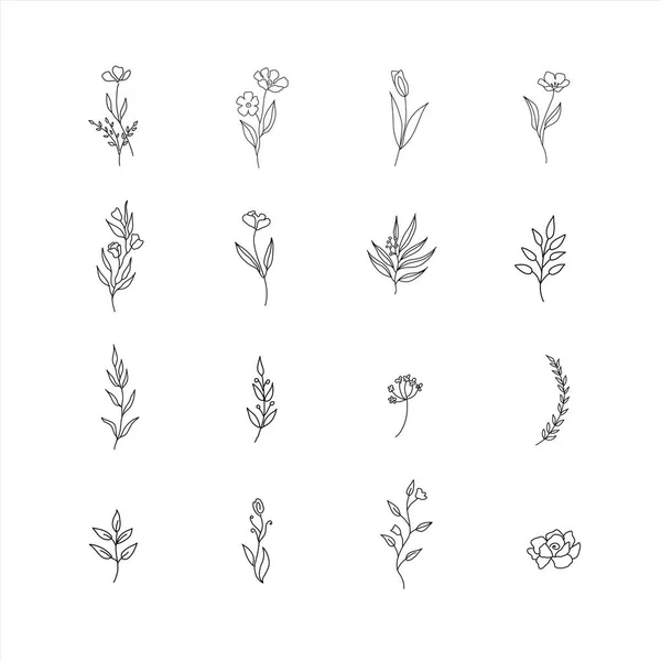 Set of cute hand drawn flowers, branches, leaves. Vector line arrangements for instagram stories highlights, greeting card or invitation design — Stock Vector