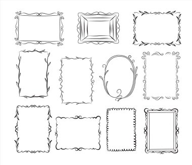 El yapımı klasik karalama çiçek çerçevesi seti. Çizgi film tarzı. Vektör.