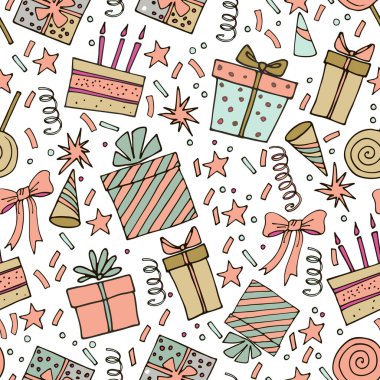 Renkli hediyelerden, yıldızlardan, pastalardan ve konfetiden oluşan kusursuz parti düzeni. Tatil için Duvar Kağıdı - Vektör