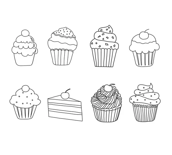 Carino mano disegnato Doodle cupcakes set. illustrazione vettoriale — Vettoriale Stock