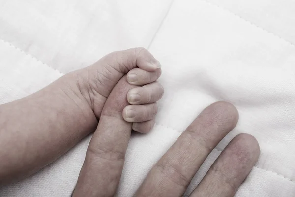 Newborn baby hold finger — Stock Photo, Image