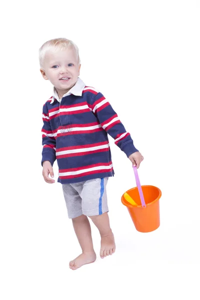 Boy with sand pail and small shovel — Stock Photo, Image