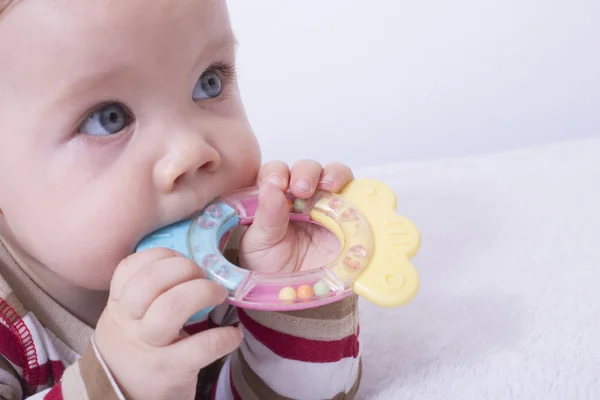 Infant with the teether Royalty Free Stock Photos