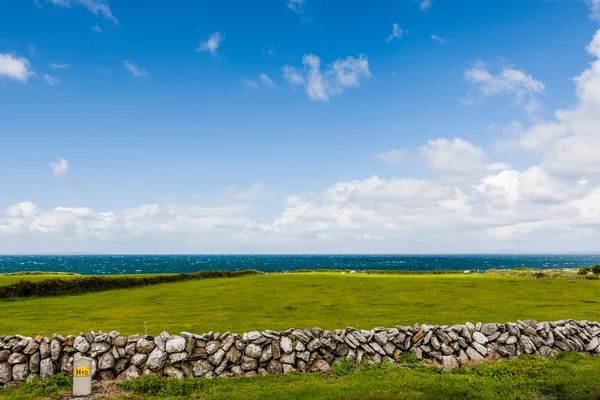 Зеленый газон и каменная стена перед Северной Атлантикой — стоковое фото