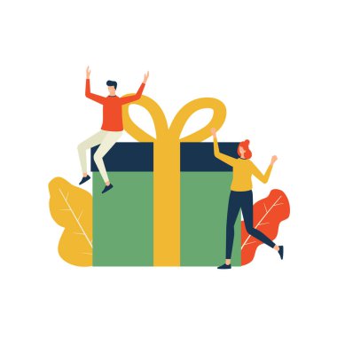 Mutlu hediye konsepti düz çizimler, erkek ve kadın büyük bir hediyeyle mutlu olurlar.