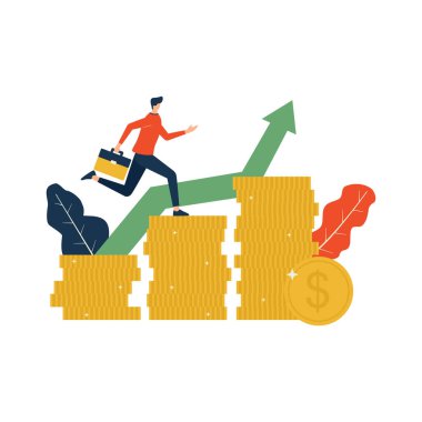 İş büyümesi konsepti, para yığını üzerinde çalışan adam.