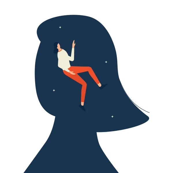 Mente Meditativa Carácter Mujer Joven Levitando Dentro Propia Cabeza Psicoterapia — Vector de stock