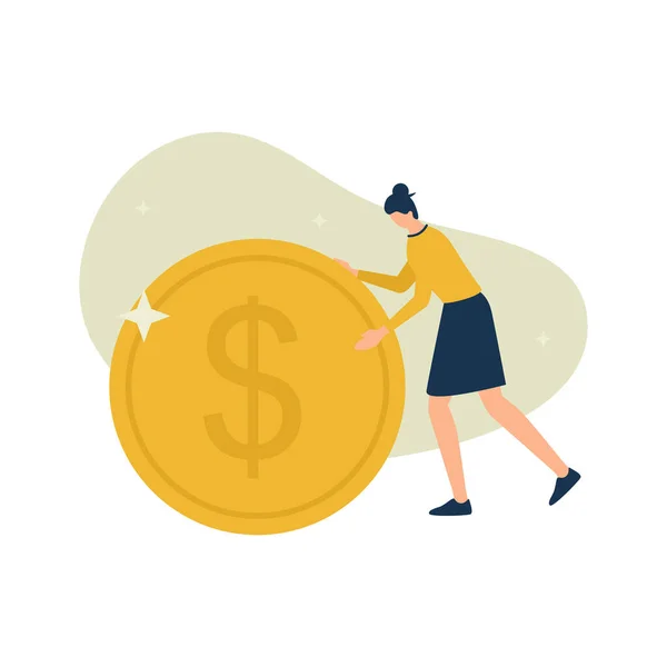 Γυναίκα Τροχαίο Ένα Νόμισμα Χρήματα Την Εξοικονόμηση Και Την Επένδυση — Διανυσματικό Αρχείο