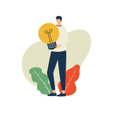 Çözüm konsepti, ayakta duran adam ampulü tutar.