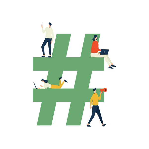 Hashtag Konzept Illustration Mann Und Frau Mit Gadget — Stockvektor