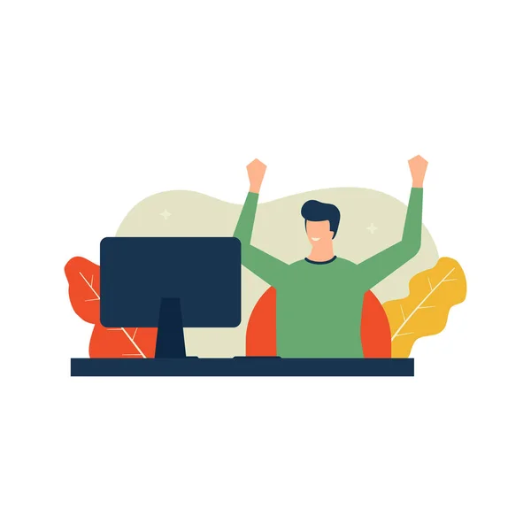 Hombre Feliz Trabajo Hecho Con Computadora — Vector de stock