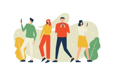Vektör illüstrasyonu, insanlar iletişim için akıllı telefonu tutuyor 