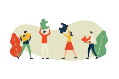 Vektör illüstrasyonu, problem çözme takım çalışması, insanlar bulmacayı tutuyor