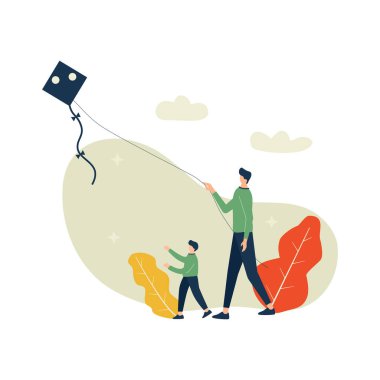 Vektör illüstrasyonu, mutlu babalar günü, baba oğul uçurtma oyunu