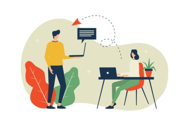 Vektör illüstrasyonu, dizüstü bilgisayarla çalışan kadın ve erkek, çiftin çok işi var, evden çalışma, takım çalışması.