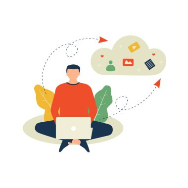 Vektör illüstrasyonu, adam dosya gönderiyor, bulut yedeklemesi, ağ bulut servisi, dosyalar kopyalanıyor, veri merkezi