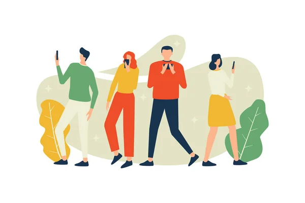 Vektor Illustration Stehende Menschen Halten Smartphone Zur Kommunikation — Stockvektor
