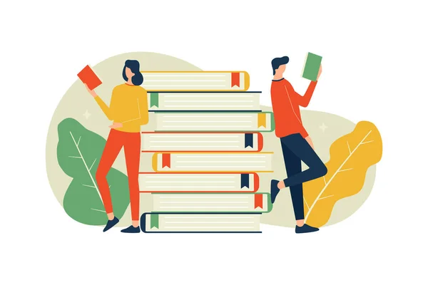 Vektör illüstrasyonu, ayakta duran kadın ve erkek kitap okuyor