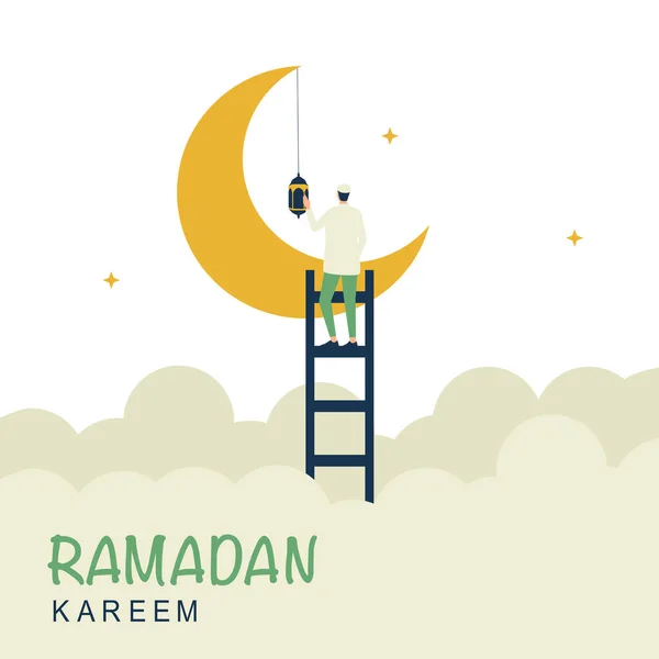 Buon Ramadan Kareem Uomo Sul Cielo Con Scale Lanterna Appesa — Vettoriale Stock