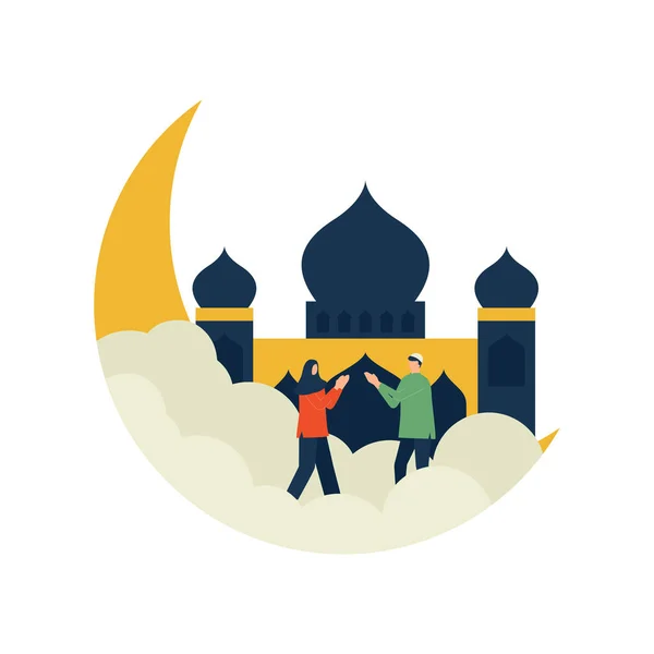 Szczęśliwy Ramadan Kareem Półksiężycem Meczet Mężczyzna Kobieta Uścisk Dłoni Eid — Wektor stockowy