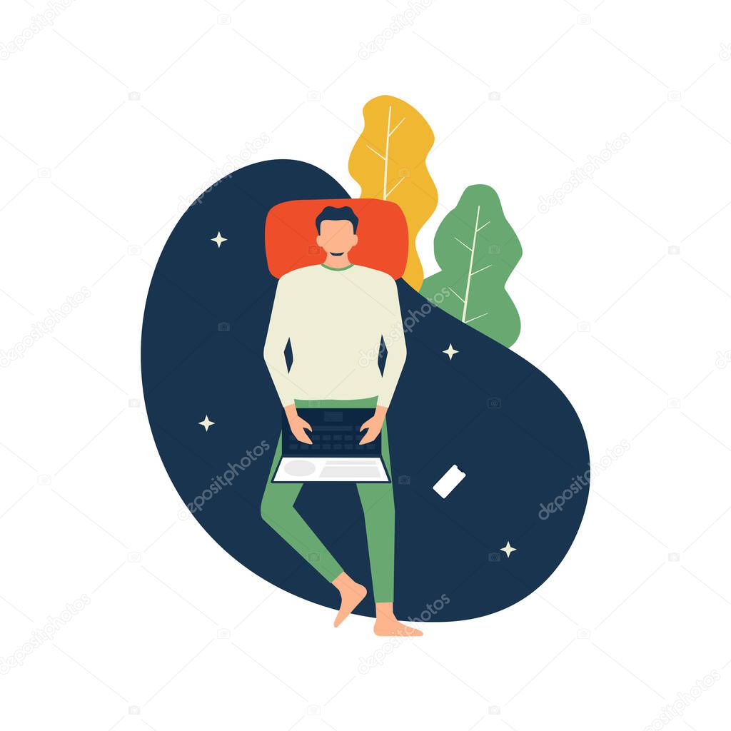 Vector illustration. Man work from home. Man laying on bed