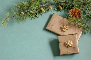 Noel ağacı dalı, koni ve yeşil arka planda hediyeler. El yapımı paket kutuları, Diy konsepti. 