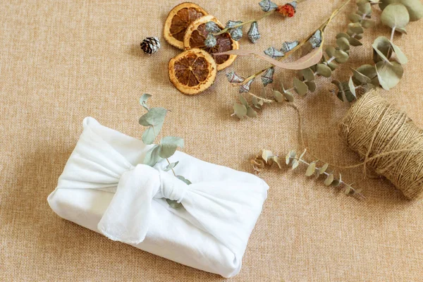 Christmas Zero Waste Background Gift Box Wrapped White Clothes Furoshiki — Stock Photo, Image