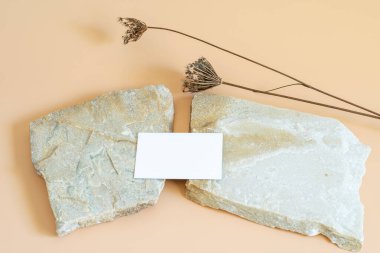 Doğal taşların üzerindeki kartvizit modelleme şablonu ve logonuzu veya tasarımınızı gösteren kuru çiçek unsurları, tarafsız bej arka plan.