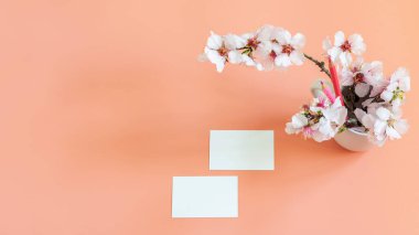 Pembe ihale arka planında markalaştırma şablonu. Küçük badem çiçekleri buketi ve pembe kalemler. Logonuzu, markanızı, web adresinizi ve daha fazla amacınızı göstermek için kart boş. Üst görünüm, afiş fotoğrafı.