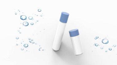 Beyaz üzerine deodorant spreyi konteynerleri. Boş kozmetik ambalajlama kopyalama alanı ile taklit edilir. 3D tasvir. Kozmetik ürün reklam arkaplanı. 