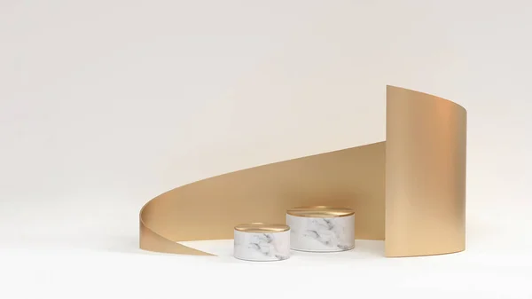 3D çizim kozmetik podyum arka planı. Beyazın üzerinde altın şekilli mermer podyumlar. Kozmetik, güzellik ürünü tanıtım kaidesi. Özet olarak stüdyo 3D görüntüleme.