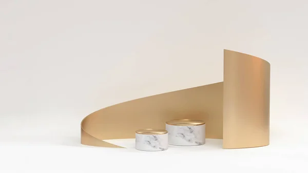 Render Illustration Cosmetics Podium Background Marble Podiums Gold Twisted Shape — Foto Stock