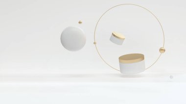 Soyut arka planda kozmetik kremi olan beyaz kavanozlar. Kozmetik promosyon geometrik şekiller podyum. Kopyalama alanı olan pankart, modelle, 3 boyutlu resimleme.