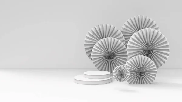 3D resimleme, kağıt yelpaze ve asgari stand arka planı. Geometrik şekiller, amaçlarınızla dekore etmek için gri renkler. Banner, ürünlerin arka planlarını düzenle. Kozmetik podyumu..