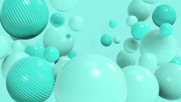 Turkuaz tonda yükselen kürelerle soyut bir arkaplan. Poster ya da herhangi bir arka plan için dinamik küreleri olan modaya uygun geometrik arka plan. 3d resimleme.