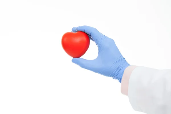 Tiro de Studio de um médico a mão em uma luva de borracha segurando o coração em forma de brinquedo — Fotografia de Stock