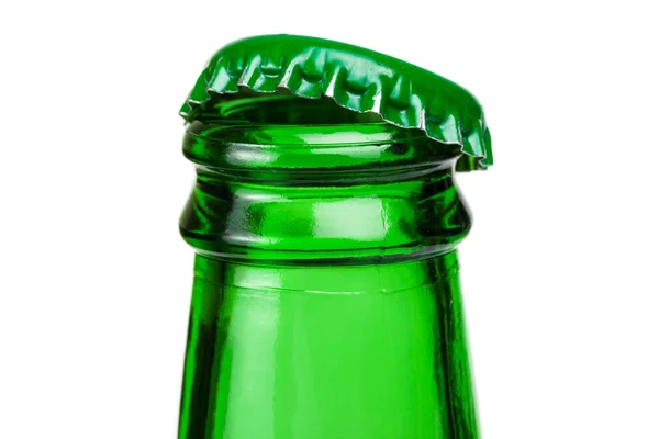 Bottleneck of green beer bottle over white background - Stock-foto