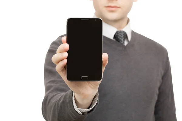 Digitale gadgets, tabletten en smartphones - mannelijke geen merk smartphone in de hand houden — Stockfoto