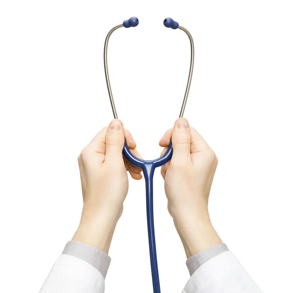 Doctor's hands holding stethoscope - studio shot isolated on white — Stock Photo, Image