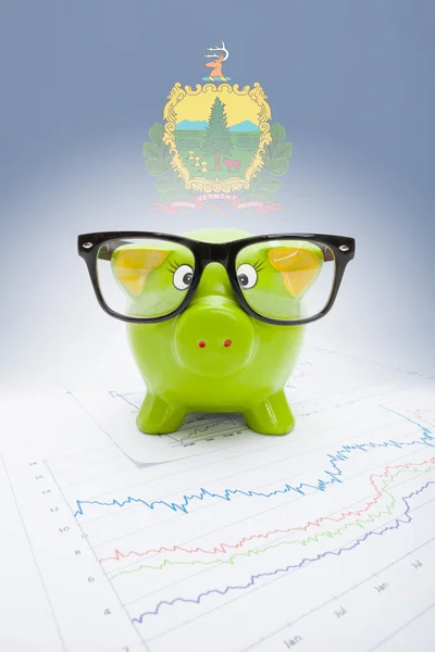 Piggy bank with US state flag on background - Vermont — Stock Photo, Image