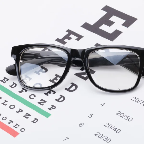 Table for eyesight test with glasses over it - 1 to 1 ratio — Stock Photo, Image