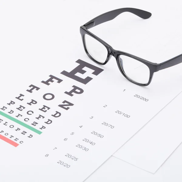 Eyesight test chart with glasses over it - 1 to 1 ratio — Stock Photo, Image