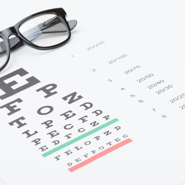 Foto Studio gráfico de teste de visão com óculos arrumados por cima - proporção de 1 para 1 — Fotografia de Stock