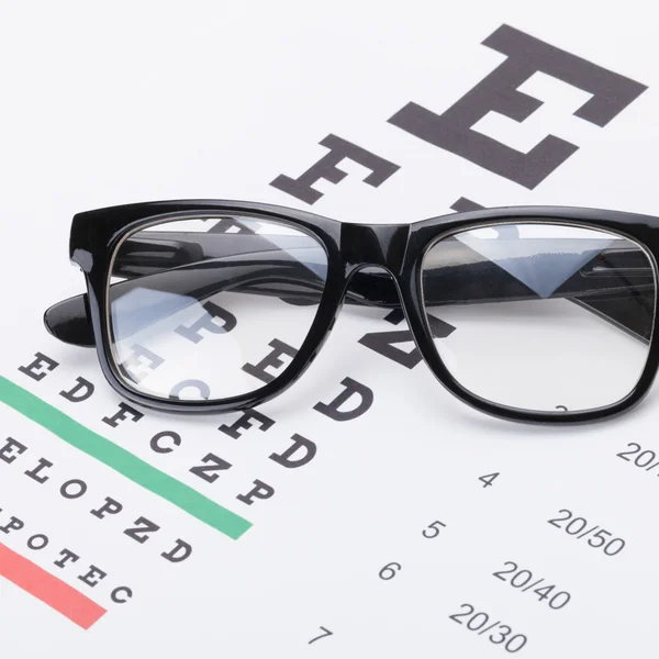 Table for eyesight test with neat glasses over it - 1 to 1 ratio — Stock Photo, Image