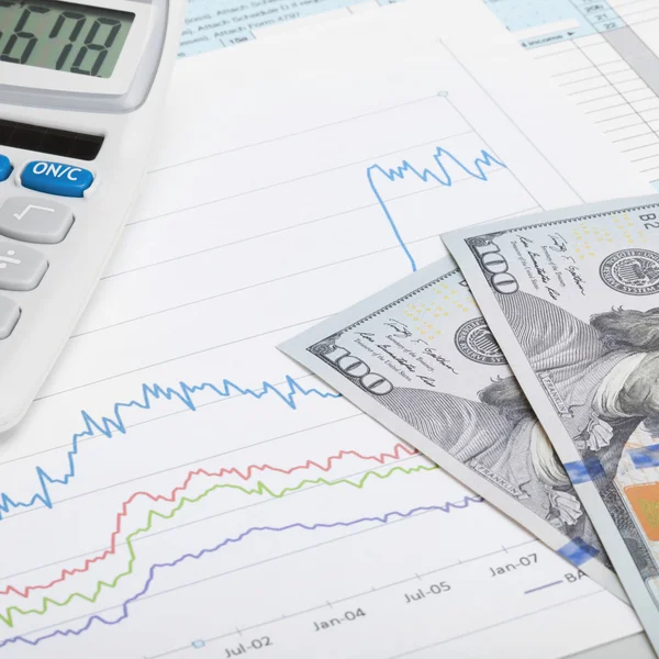 Stock market graph with US dollars banknote and calculator - 1 to 1 ratio — Stock Photo, Image