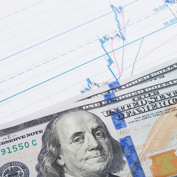 Market chart and US dollars banknote over it - studio shot - 1 to 1 ratio — Stock Photo, Image